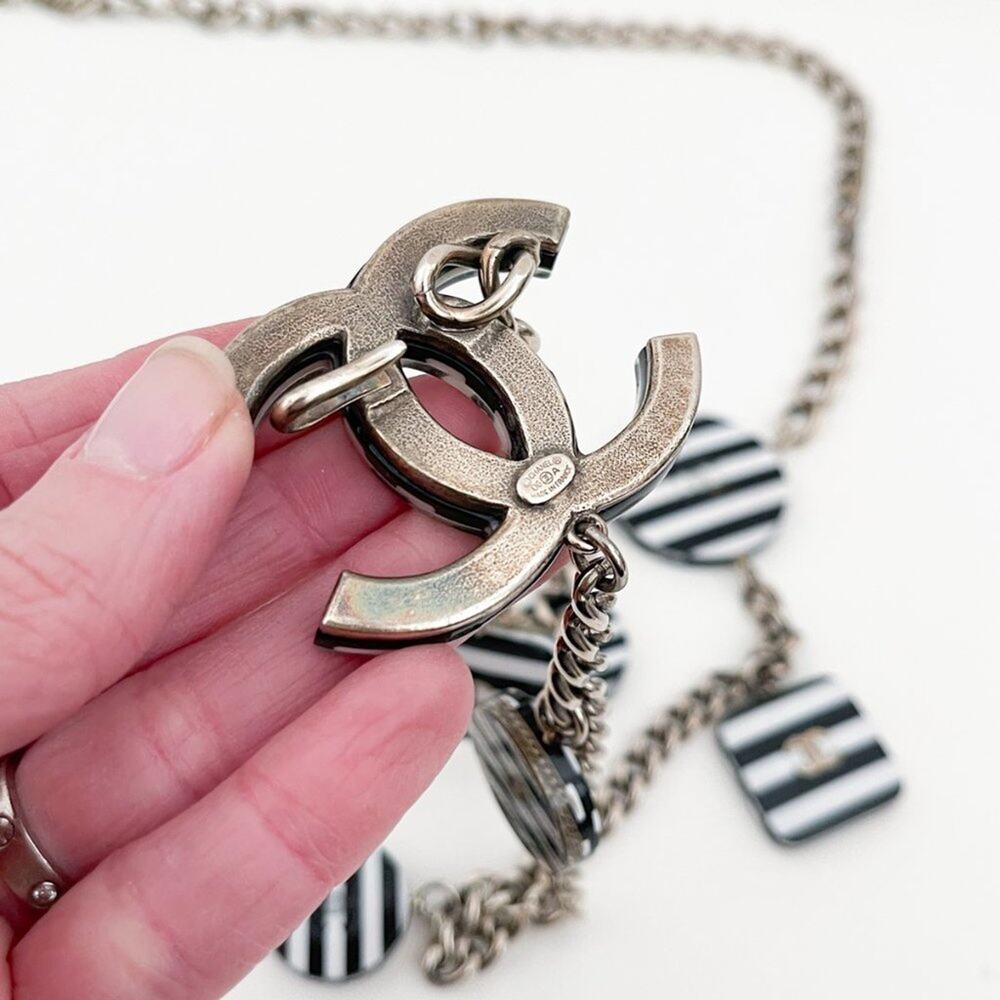 CHANEL 2005 CC Chain Belt Necklace Black and White Stripe Resin Charms Logo - Picture 15 of 16